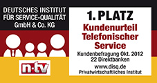 1822direkt Bankentest von Deutsches Institut für Service-Qualität und n-tv Siegel